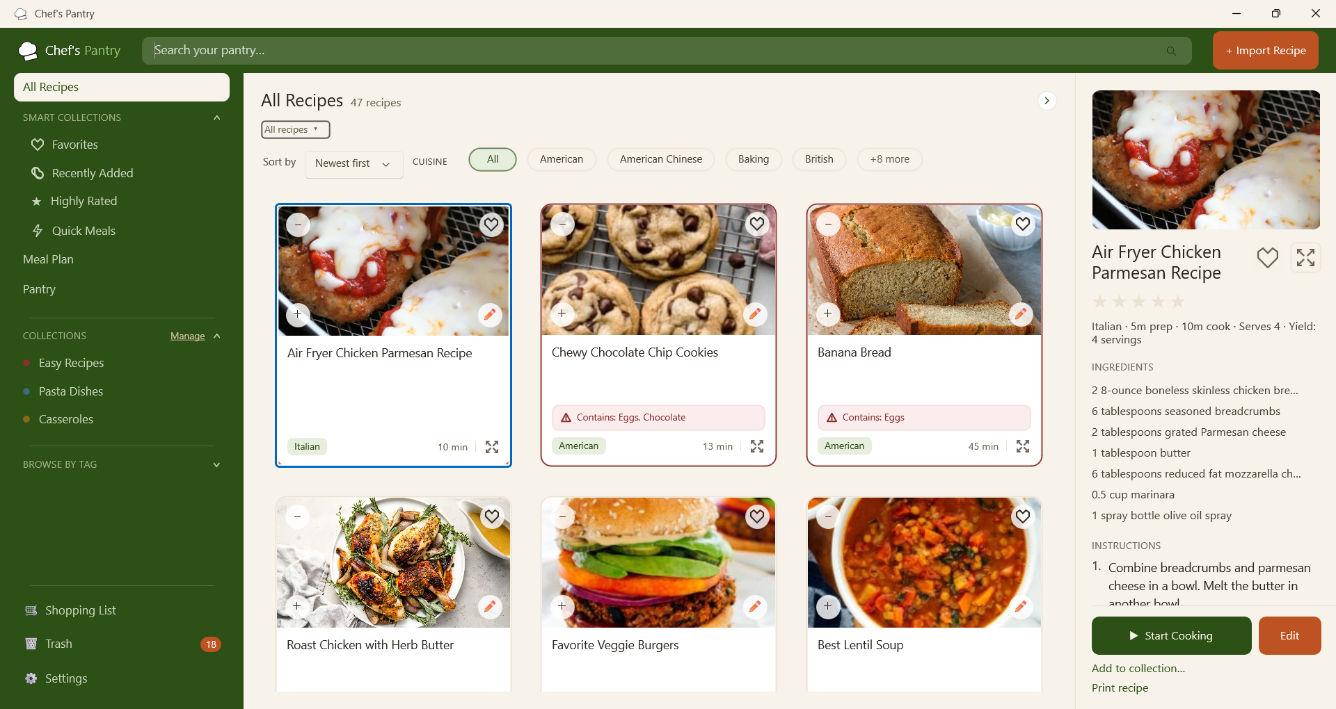 Chef's AI Pantry main window showing the recipe grid with seed recipes and the detail panel open
